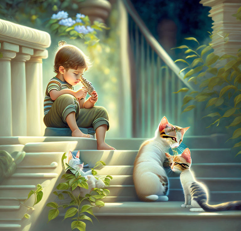 Child blowing dandelion on sunny stairway with curious cats, greenery, and classical architecture.