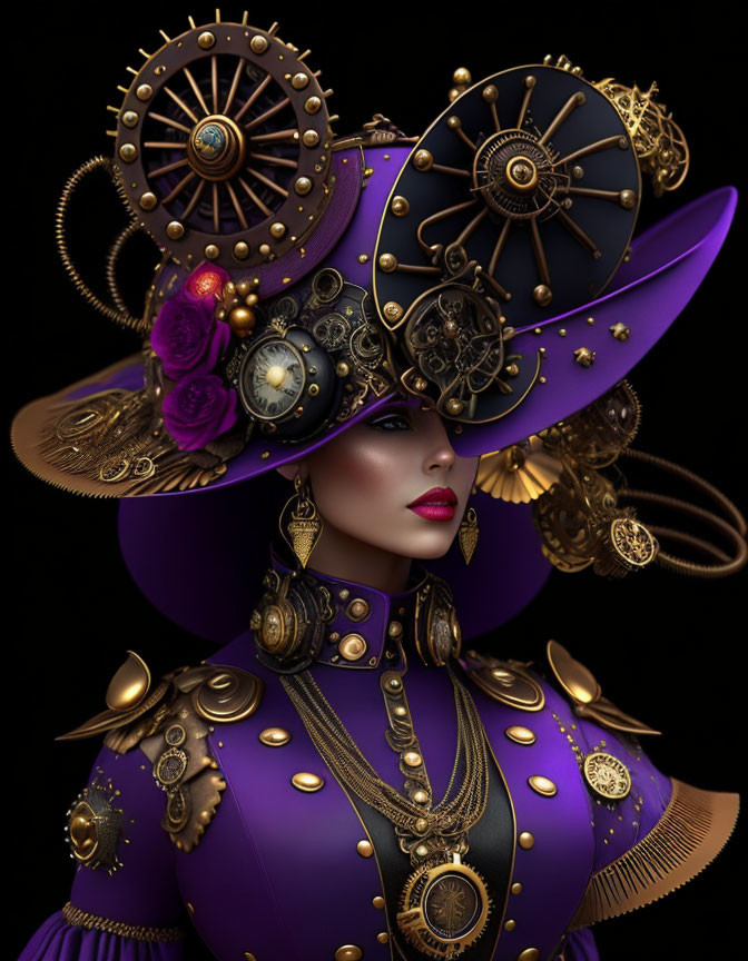 Steampunk-themed woman in purple outfit with gear-adorned hat.