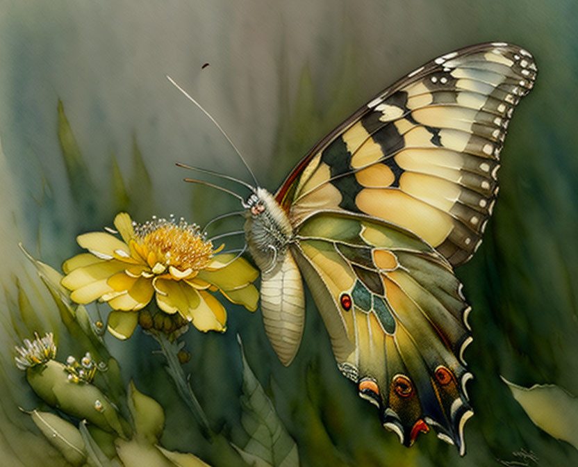 Colorful Butterfly Resting on Yellow Flower in Lush Greenery