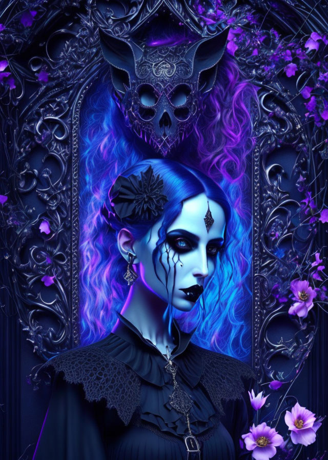 Blue and Purple Hair with Gothic Makeup Against Skull and Purple Flowers