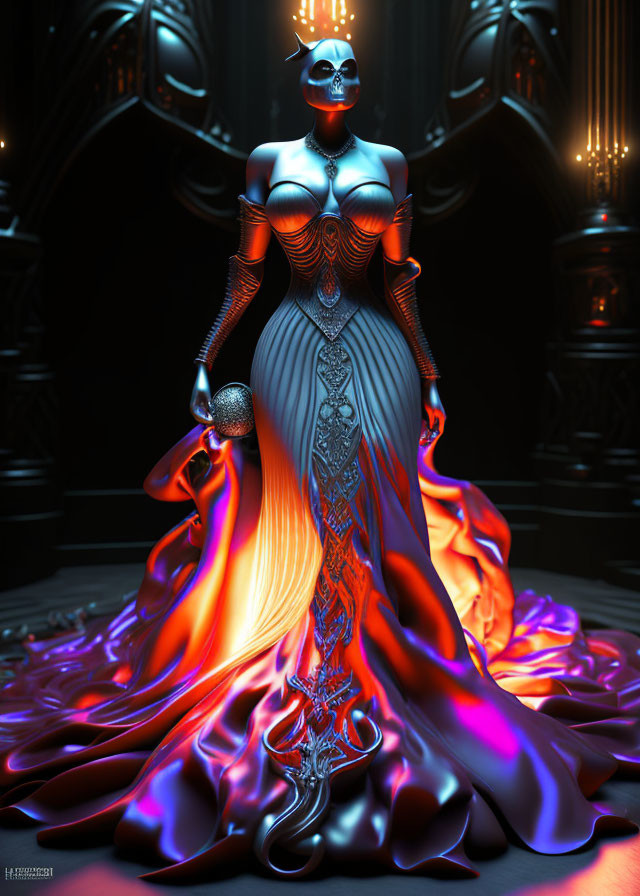 Digital artwork: Futuristic figure in elegant dress with blue and orange flames in Gothic chamber