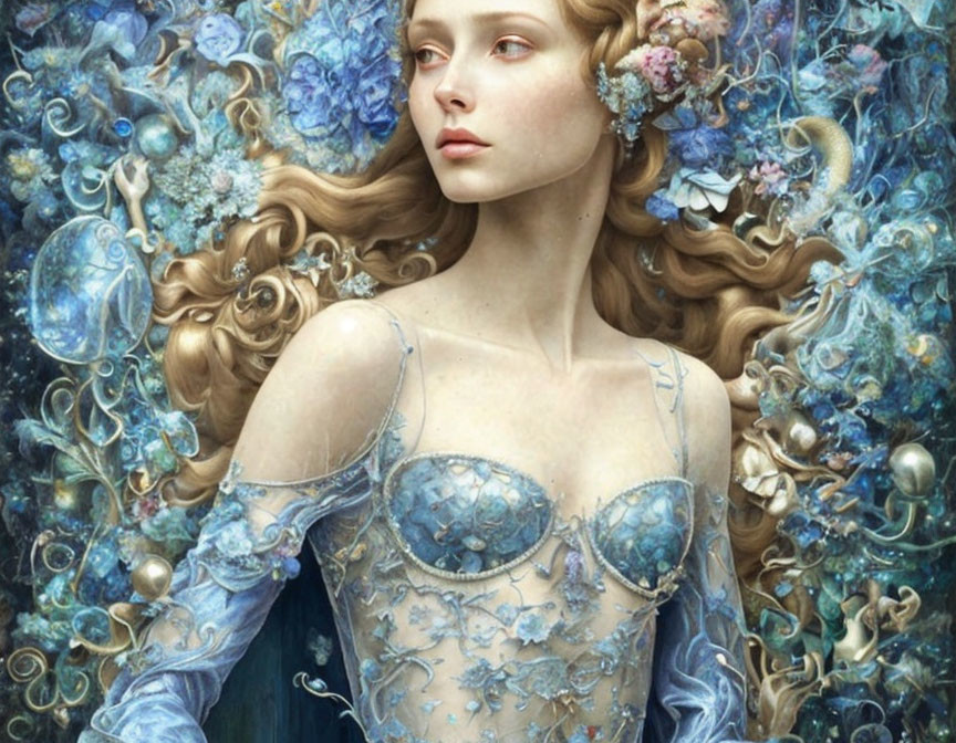 Fantastical portrait of woman with flowing hair and blue flowers.