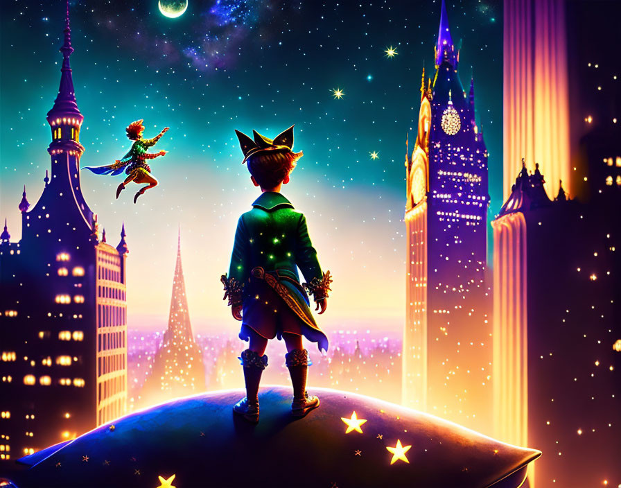 Child in prince costume on rooftop admiring flying character and cityscape at night