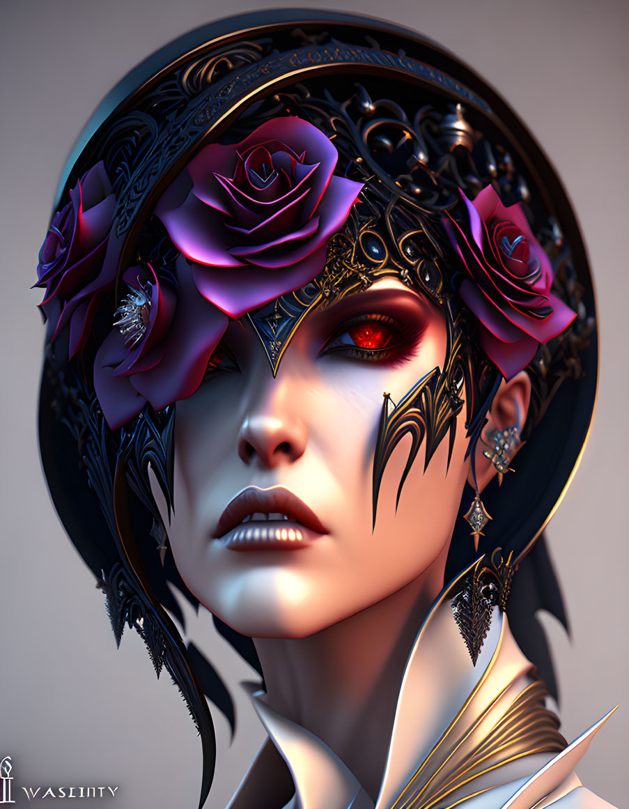 Digital portrait of a person with red eyes, black and gold headdress, roses, face paint,