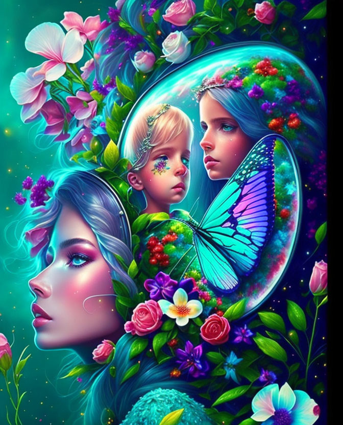 Digital artwork: Three female figures in lush flora with cosmic butterfly