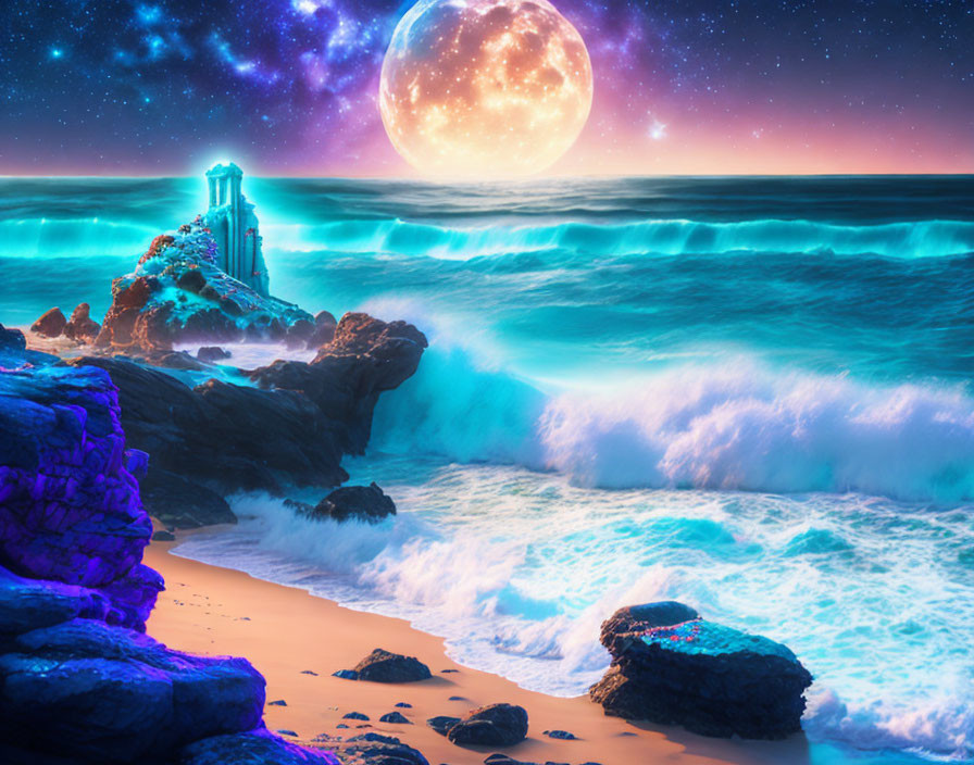 Fantasy coastal landscape: luminous moon, stars, majestic castle, glowing waves