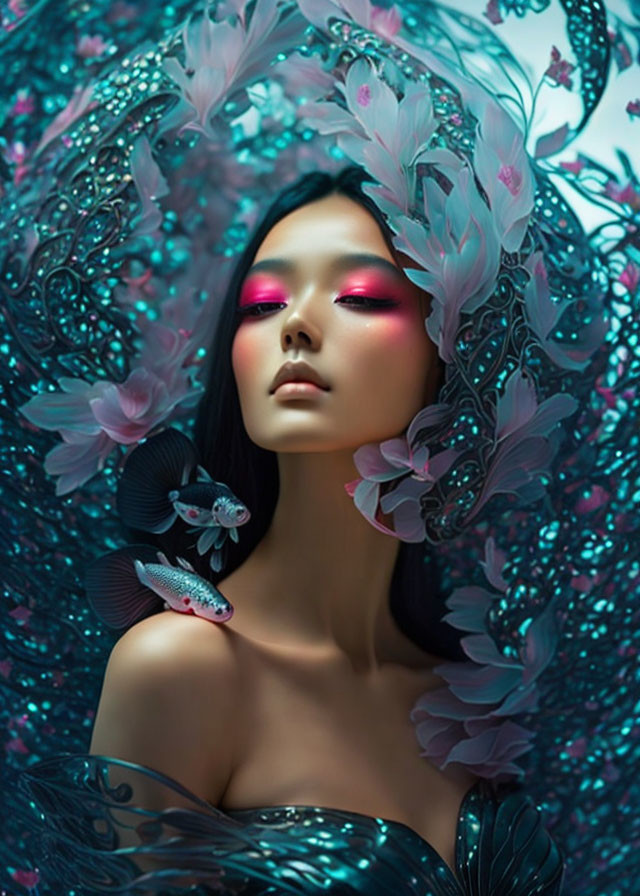 Vivid pink eyeshadow woman in teal floral fantasy scene