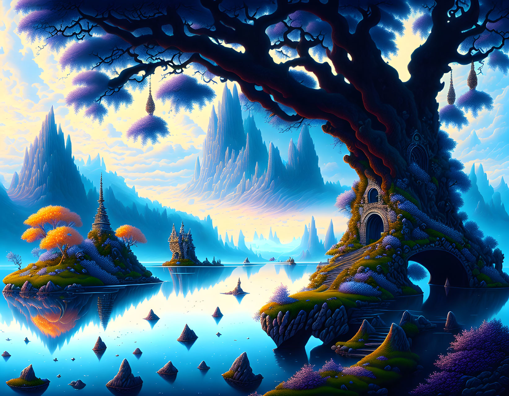 Mystical fantasy landscape with floating islands and luminous plants