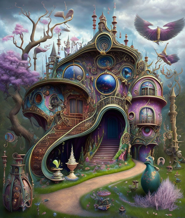 Whimsical house with peacock motifs and magical ambiance at dusk