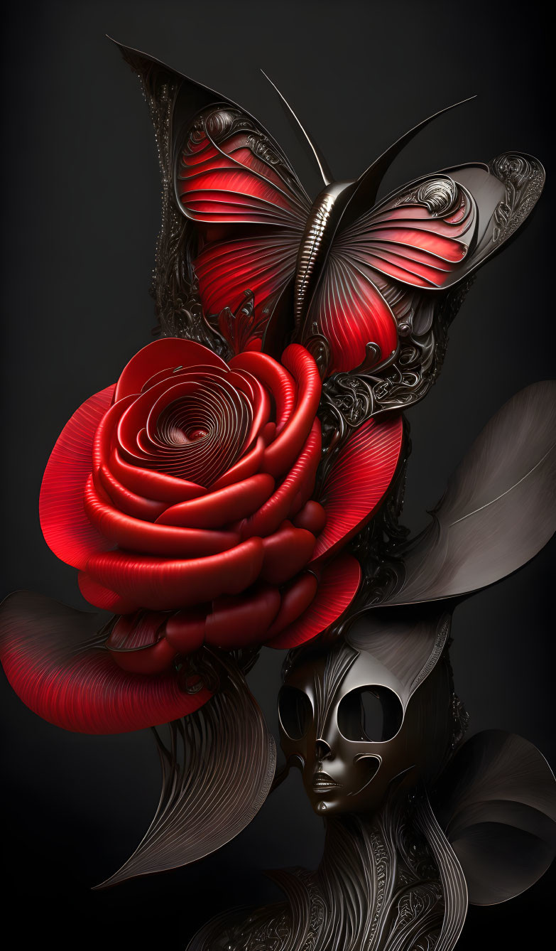 Surrealist artwork: figure with silver mask, metallic butterfly, red rose on dark background