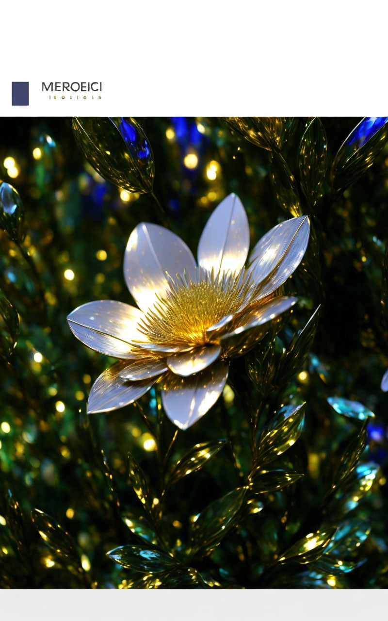 Golden Flower Decoration Among Green Festive Lights on Dark Background