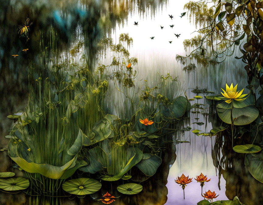 Tranquil pond scene with water lilies, reflected trees, and birds in flight