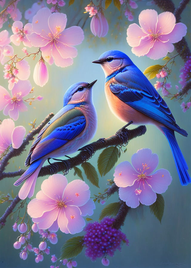 Vibrant blue birds on branch with pink blossoms and berries