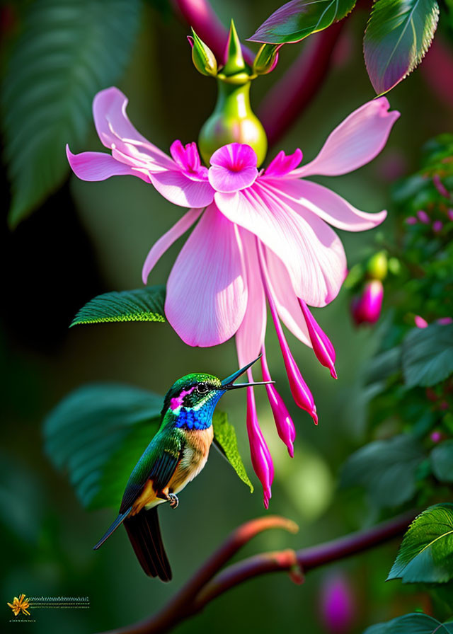 Vibrant hummingbird feeding on pink flower from thin branch