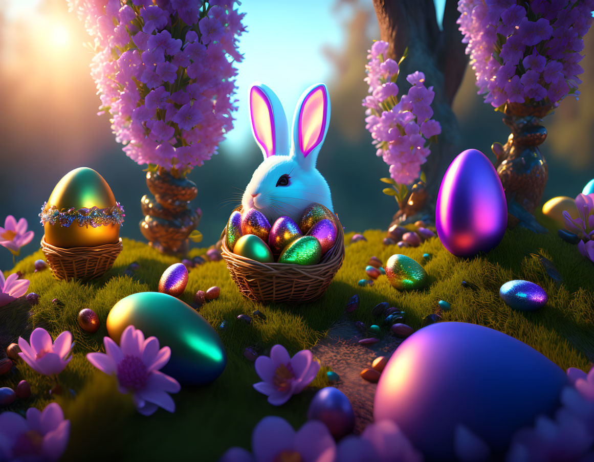 Whimsical Easter scene with white bunny, colorful eggs, flowers, and trees