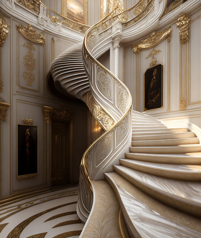 Luxurious space with ornate spiral staircase and gold details