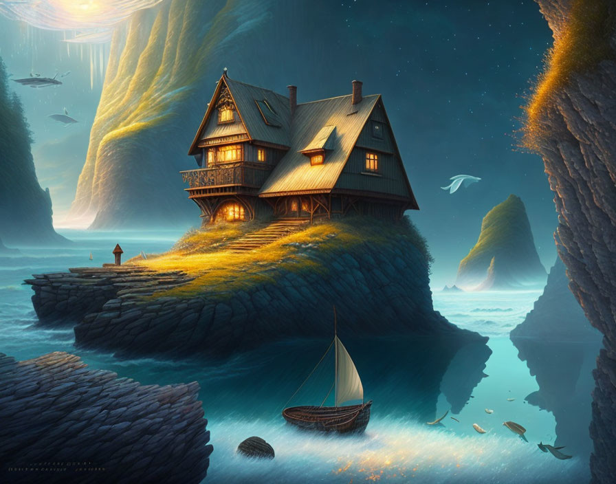 Illuminated house on rock island with boat, mystical sky, floating islands, and birds