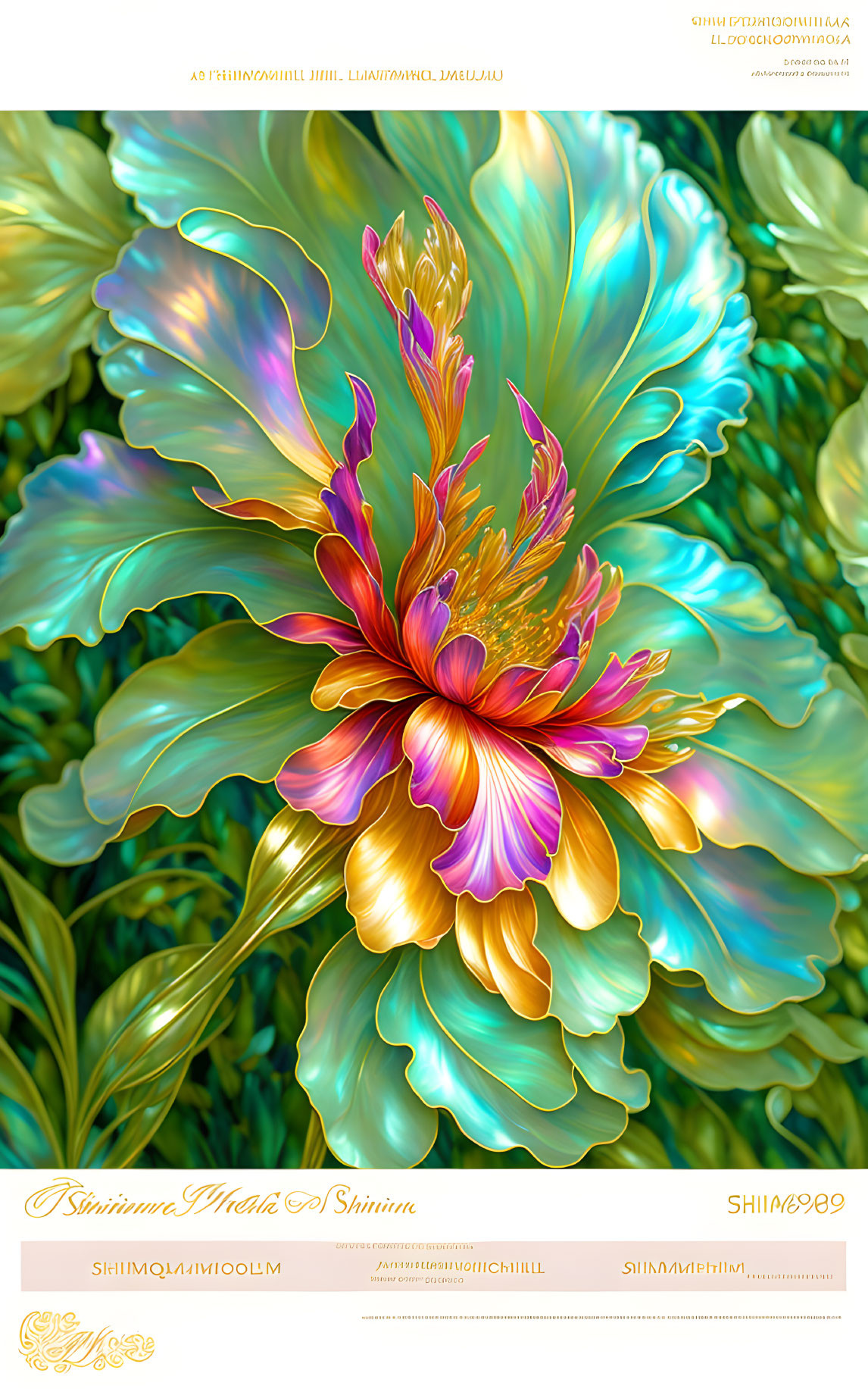 Colorful Stylized Flower Artwork with Iridescent Petals in Blue, Green, and