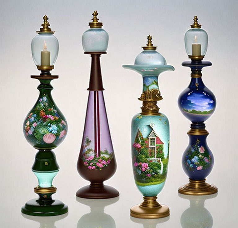 Four ornate glass oil lamps with intricate floral designs on light background