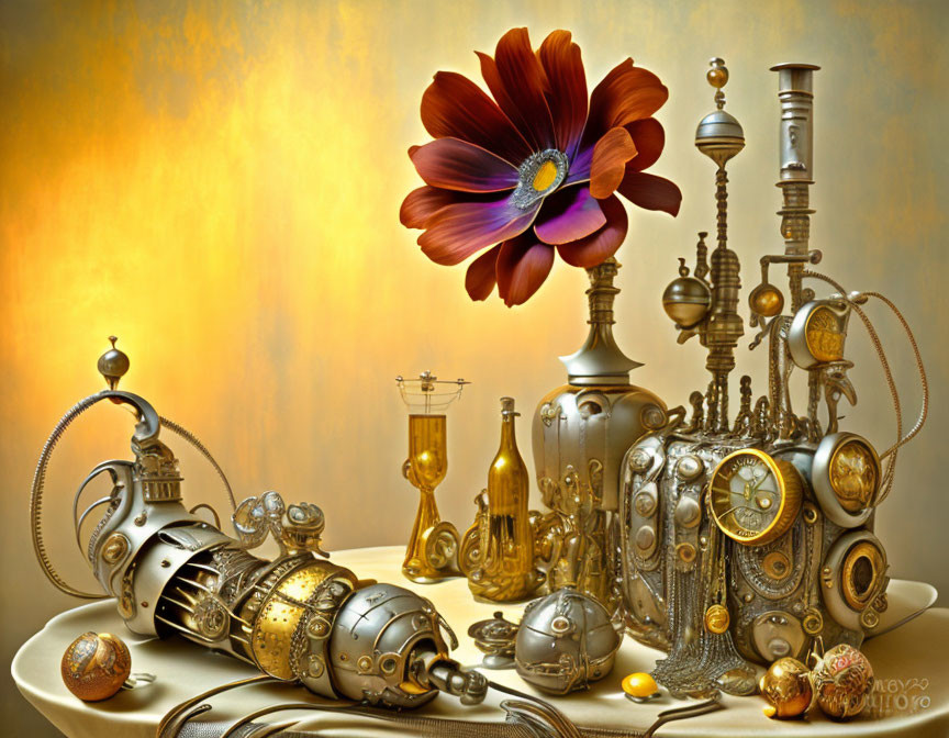 Steampunk-style metallic objects with red bloom on golden backdrop