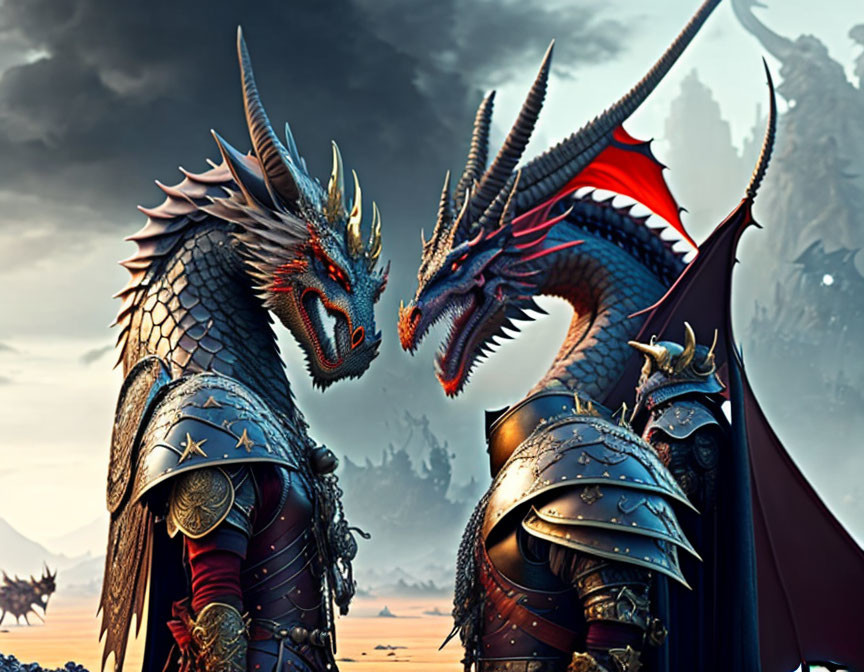 Intricately designed dragons with knight in armor under dramatic sky