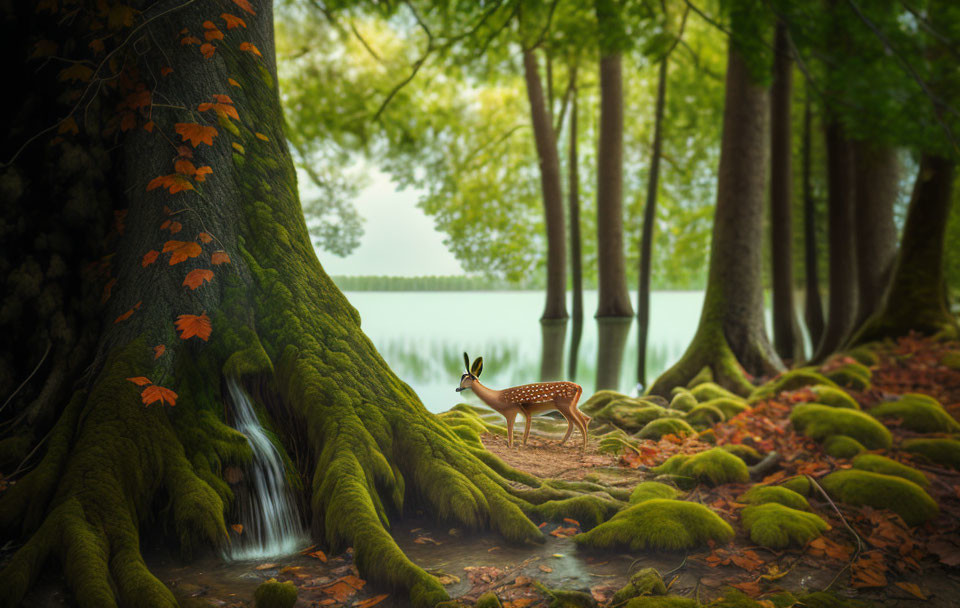 Tranquil forest scene with waterfall, moss-covered roots, trees, and deer.