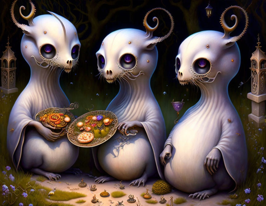 Surreal creatures with bulbous bodies, spiral horns, and large eyes at a nocturnal banquet