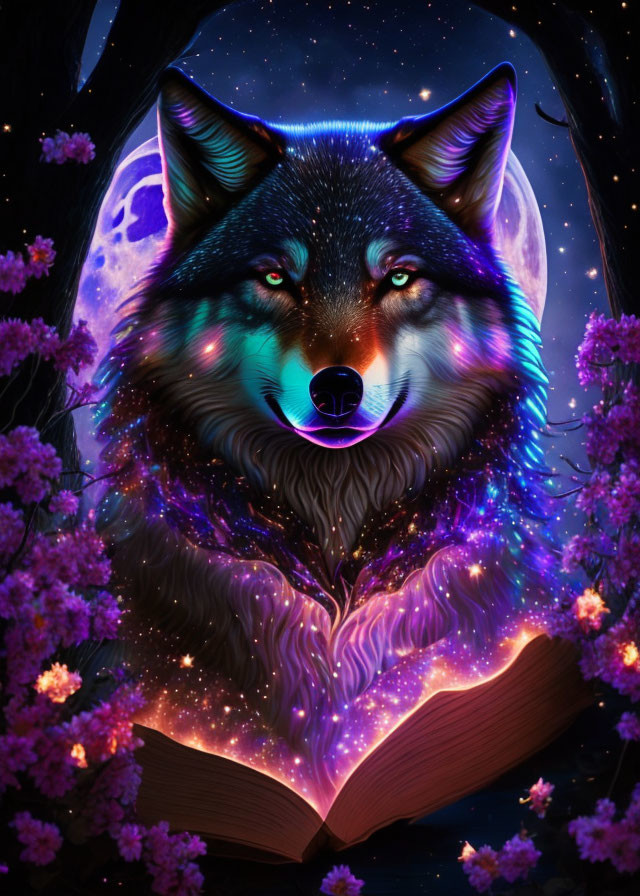 Colorful wolf illustration emerging from open book at night