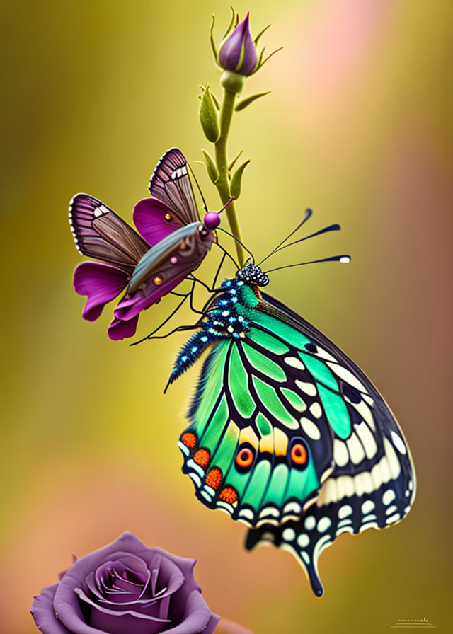 Colorful Butterfly Resting on Bud with Soft-focus Rose Background