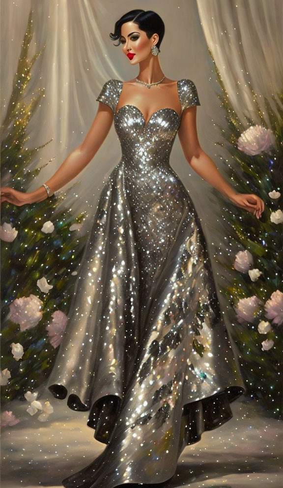 Sparkling silver gown on elegant woman amidst Christmas trees