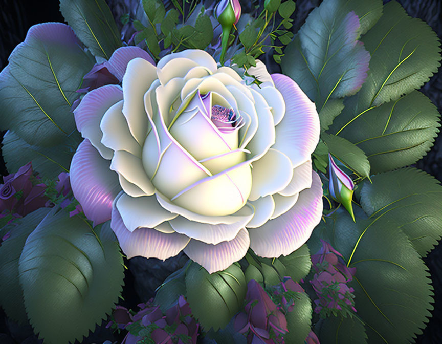 White Rose with Pink Edges Surrounded by Green Leaves and Buds on Dark Background