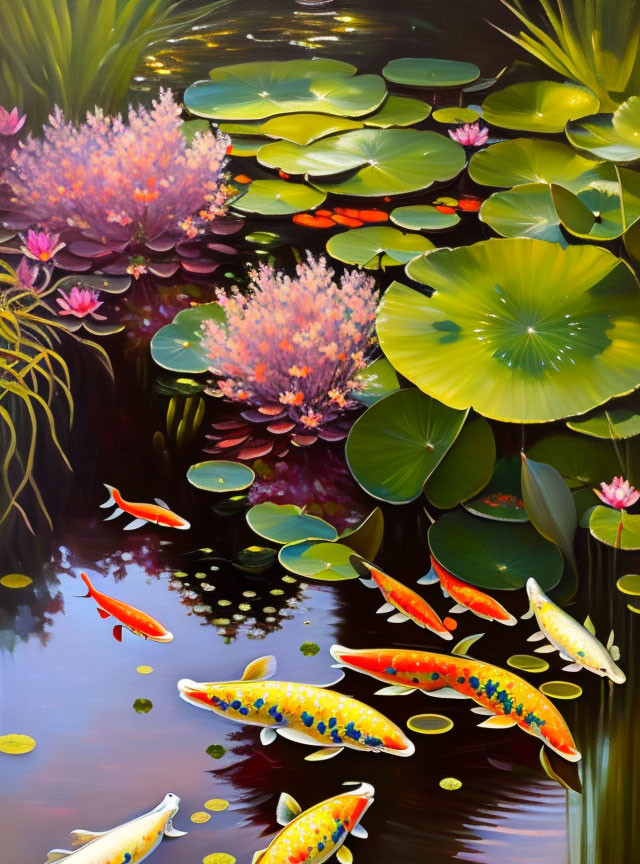 Colorful koi fish and lily pads in serene pond