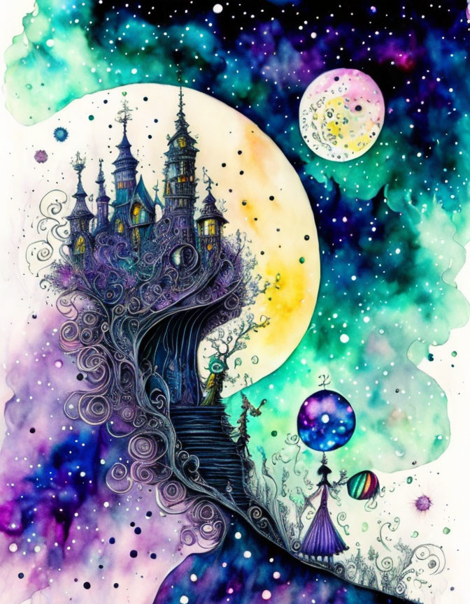 Fantastical castle on spiraling tree in watercolor illustration