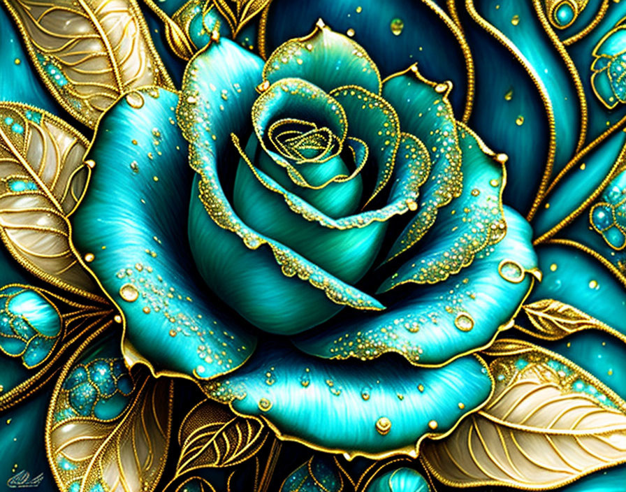 Blue and Gold Rose Digital Artwork with Water Droplets