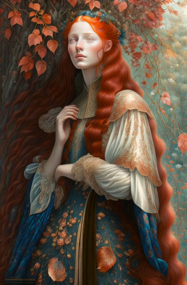 Portrait of Woman with Red Hair in Blue and Gold Dress Amid Autumn Leaves