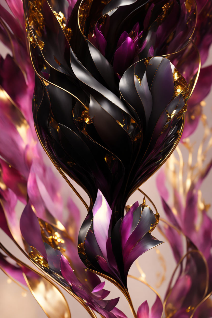 Abstract digital art: swirling black and purple shapes with golden accents on soft pink.