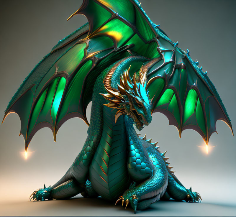 Green dragon with iridescent wings and golden accents