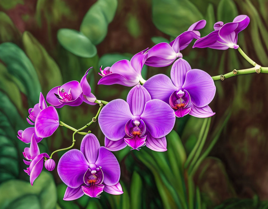 Detailed purple orchids on blurred green background.