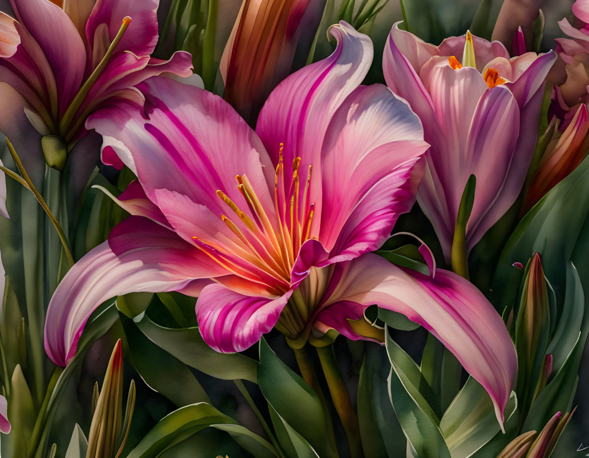 Pink Lilies Painting with Prominent Stamens and Green Foliage