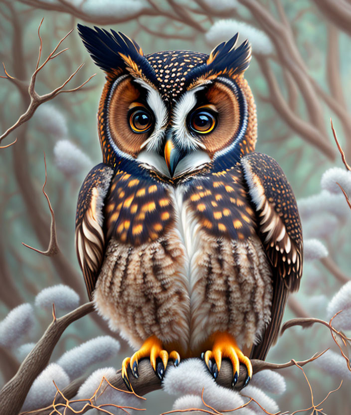 Colorful Owl Illustration on Branch in Forest Setting