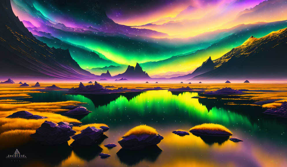 Colorful aurora borealis over serene lake and mountains at night