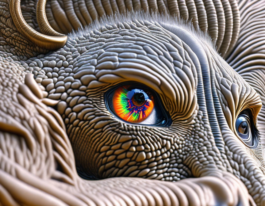 Colorful close-up digital art of eye with intricate iris detail & textured patterns