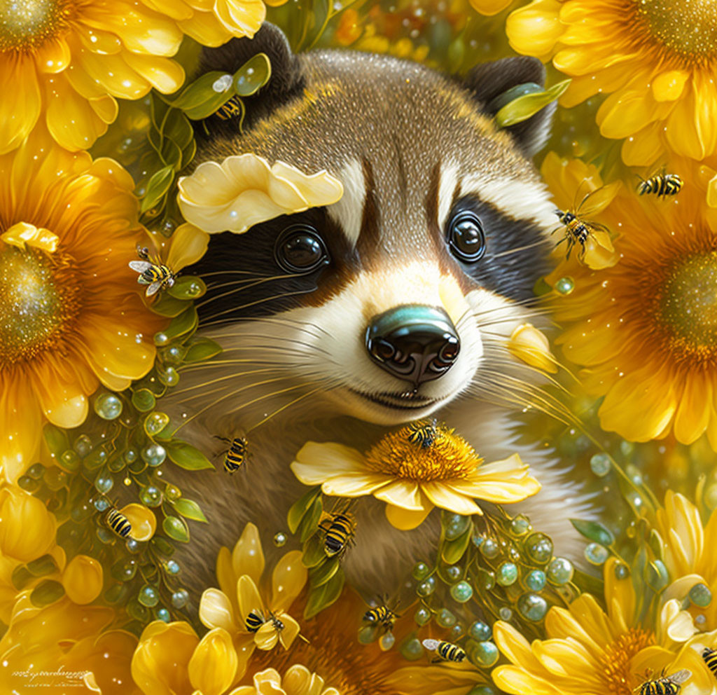 Detailed whimsical art: Raccoon among yellow flowers and bees