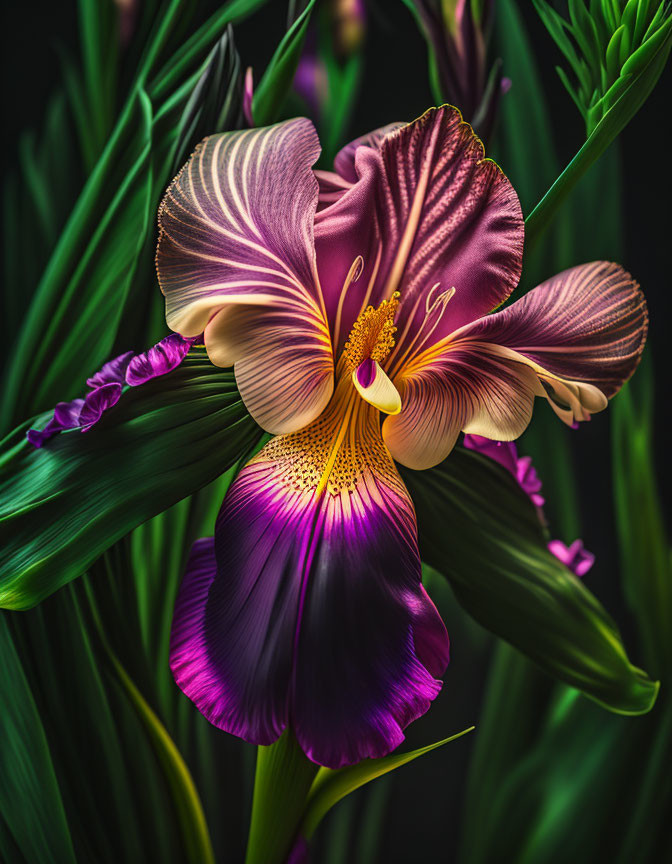 Colorful Iris Flower with Purple and Gold Hues on Dark Background