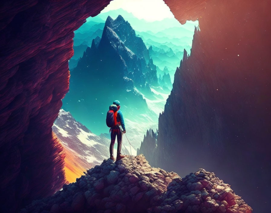 Hiker at Cave Entrance Overlooking Surreal Mountain Landscape