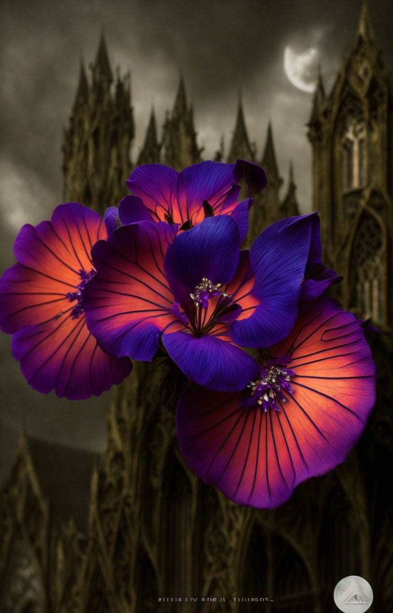 Purple Flowers and Gothic Cathedral in Moody Sky