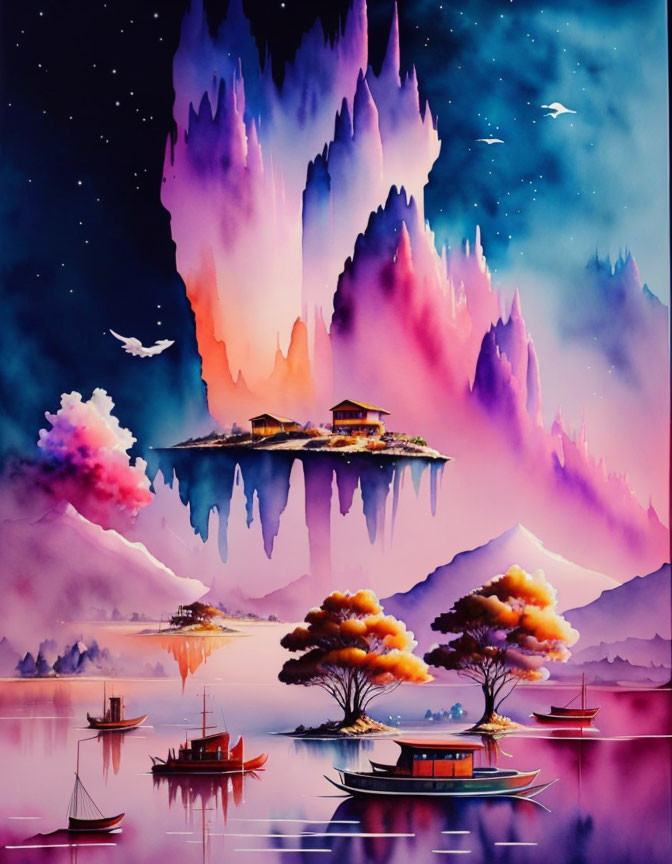 Fantastical painting: Floating mountains, traditional house, starry sky, calm lake.