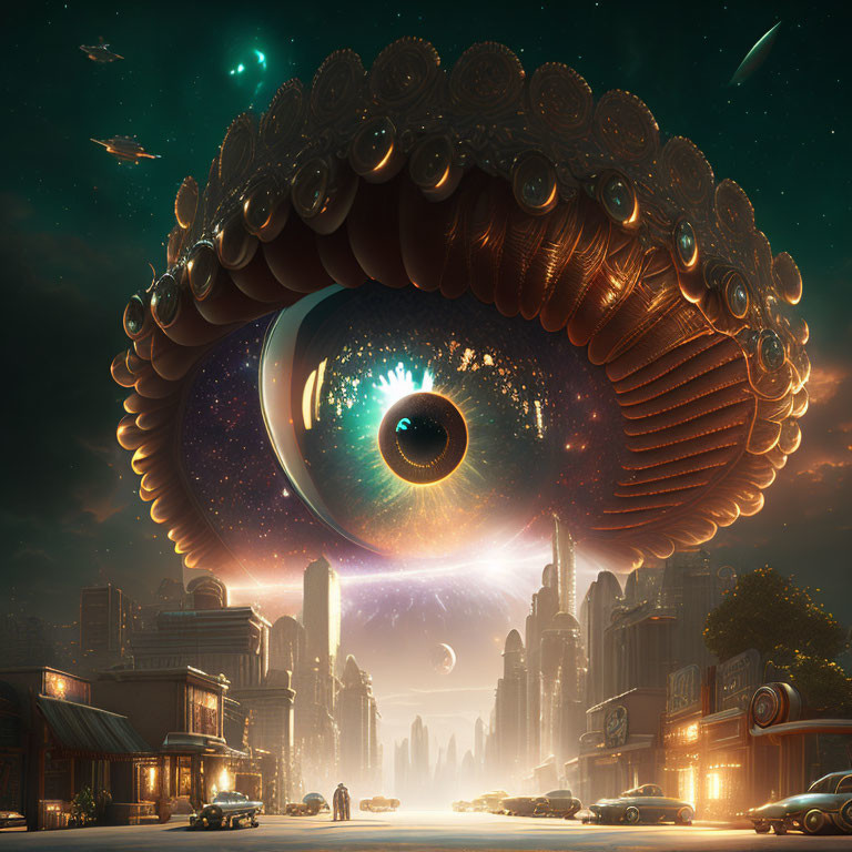 Giant eye-shaped alien spaceship over futuristic cityscape at dusk