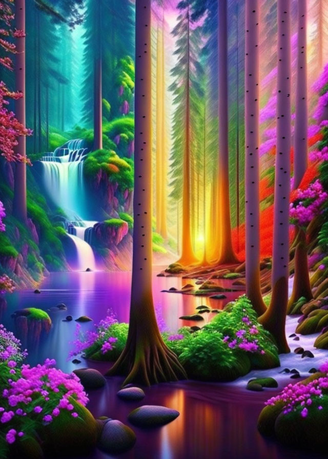 Luminous enchanted forest with waterfall, stones, flowers, and mystical trees