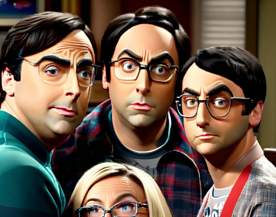 Exaggerated Cartoon Male Characters with Female Character in Glasses